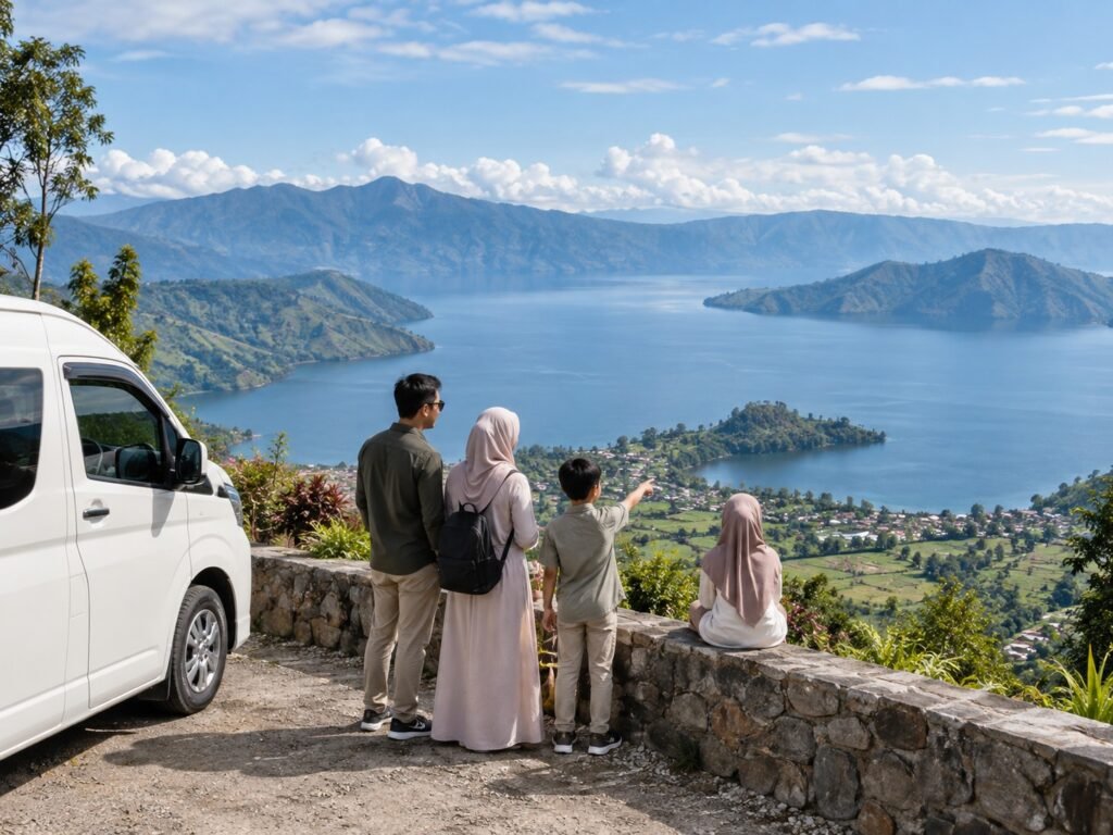 Keluarga menikmati private trip Lake Toba dengan pemandangan Danau Toba